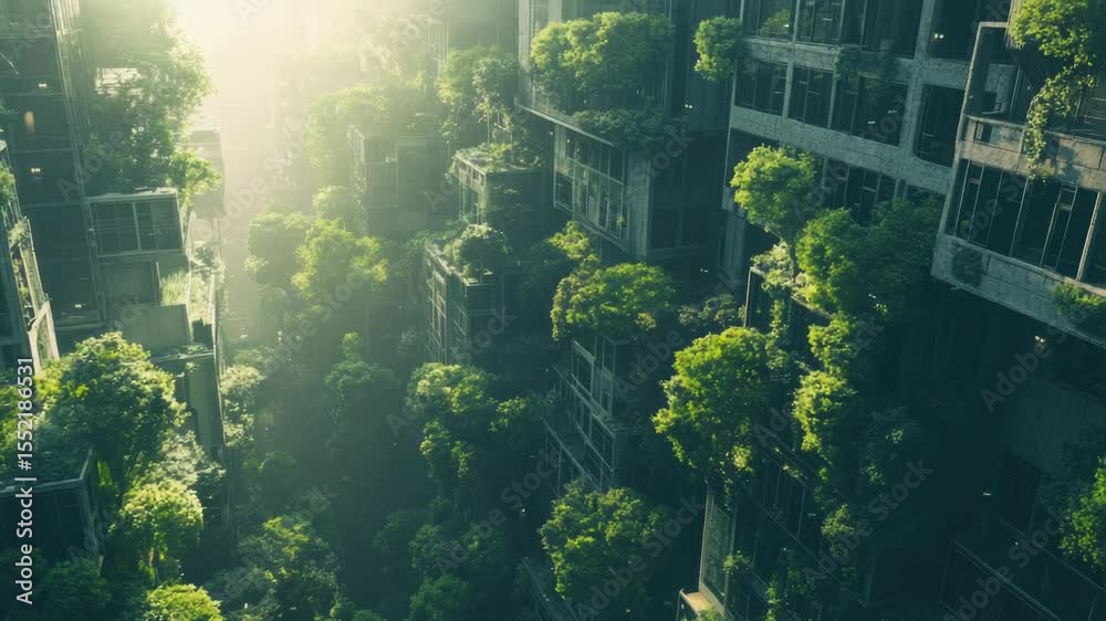 Poster a building covered in greenery, blending nature and architecture