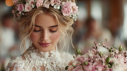 Naklejka premium Elegant bride with floral crown and pastel bouquet at a romantic wedding reception in soft natural light
