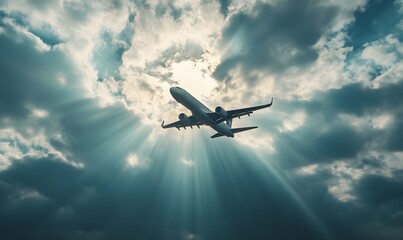 Airplane soaring through dramatic cloudy sky with sunbeams