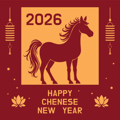 Chinese New Year 2026 Zodiac Sign Horse with lanterns and traditional red design. Symbol of the year. New Year card for social media.