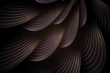 Dark background with elegant flowing golden and purple lines creating an abstract, feathery, and luxurious pattern