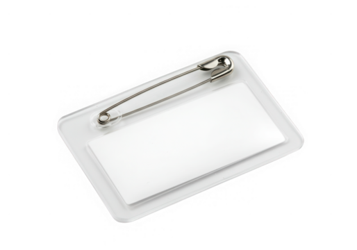 Blank plastic name tag with safety pin isolated on transparent background