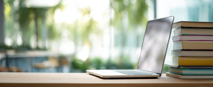 The laptop and stack of books on a modern workspace in natural light. - Powered by Adobe