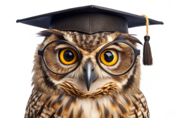 Close up of a wise owl wearing a graduation cap and round glasses isolated on a transparent background