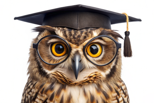 Close up of a wise owl wearing a graduation cap and round glasses isolated on a transparent background