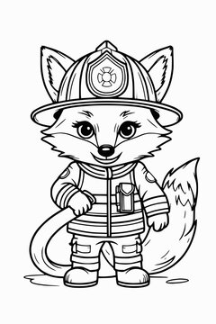 Ausmalbild: Kleiner Fuchs als Feuerwehrmann &ndash; Kindgerechte Schwarz-Wei&szlig;-Vorlage