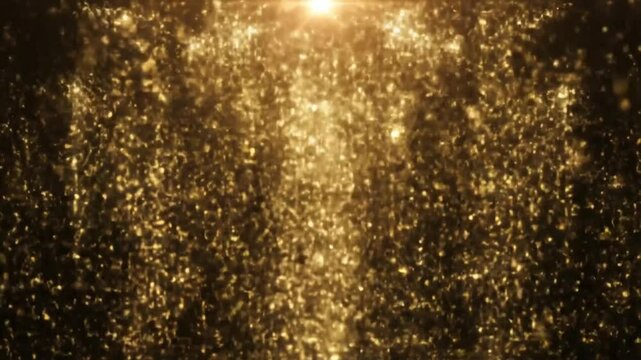 Golden Glitter Particles Falling - A dazzling cascade of golden glitter particles falling against a dark background, creating a festive, luxurious, and celebratory visual effect.