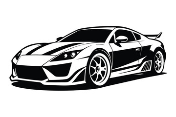 Bold Black and White Illustration of a Sleek Modern Sports Car with Spoiler