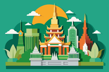 Fototapeta premium Vector illustration of city architecture featuring urban landmarks, buildings, and trees, ideal for travel and design projects