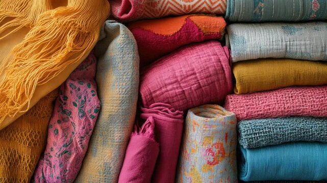 A colorful stack of blankets and scarves, perfect for home decor or fashion inspiration