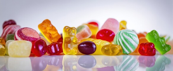 The colorful assortment of jelly candies on a reflective surface.