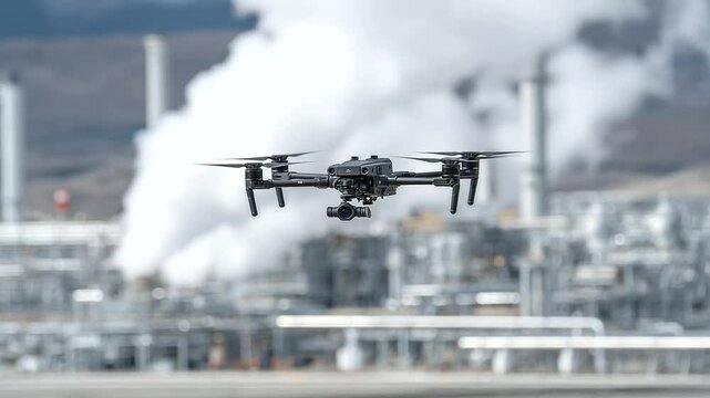 Drone with retractable weapons hovering over an LNG pipeline junction, with steam vents and shimmering heatwaves visible