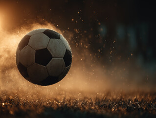 Naklejka premium Soccer ball kicking up dust on a grassy field at sunset