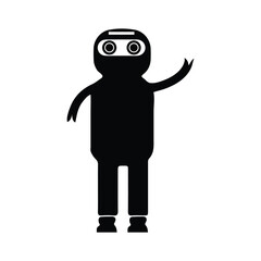 Simple Black and White Ninja Cartoon Character Waving Hand Isolated on White Background Vector Illustration