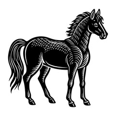Black horse vector illustration, equestrian animal, farm mammal, equine silhouette, majestic stallion design element