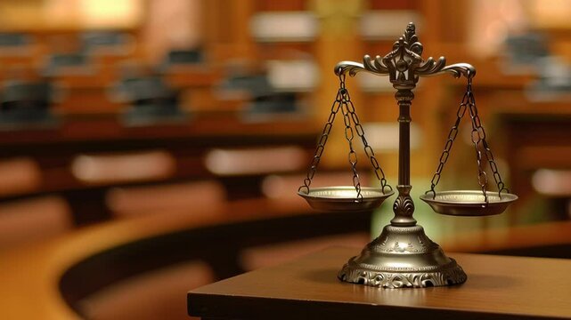 symbolic scales of justice in a courtroom setting representing law and order, with blurred background of seats emphasizing legal environment