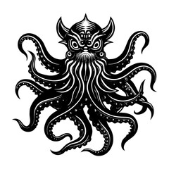 Detailed black kraken octopus vector illustration for tattoo design and mythical sea monster art projects