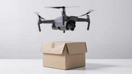 Drone hovering above a cardboard box in minimalist indoor setting  