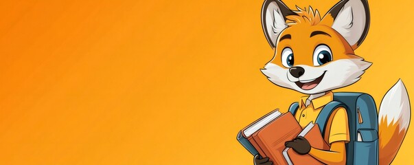 Cartoon fox student carrying books and backpack, smiling, ready for school, on an orange background, ideal for educational or children projects