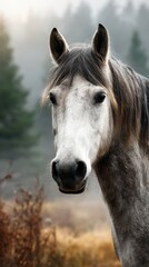 Majestic grey horse gazing calmly in a misty forest landscape at dawn