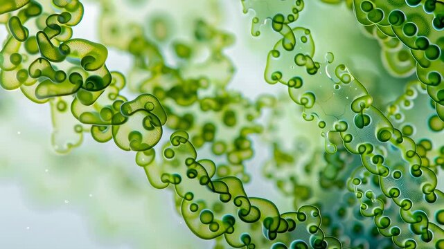 Abstract green shapes resembling algae or cells in a vibrant, luminescent background, creating an organic and fluid visual design for nature and science-related concepts.