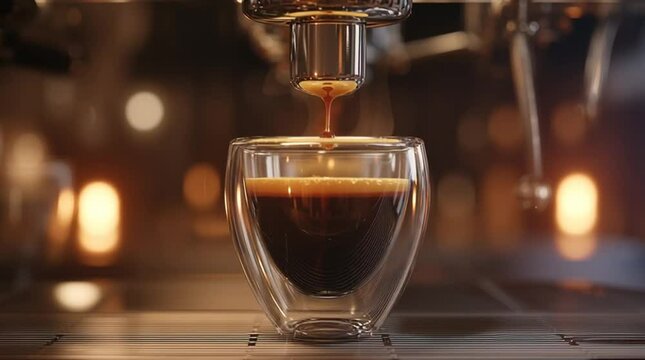 Hyper-realistic side-angle shot of a golden espresso drop frozen mid-air beneath a premium machine spout. Rich crema, glass reflections, and warm bokeh create a refined, cinematic coffee-bar luxury sc