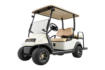 Modern cream colored golf cart with tan seats isolated on transparent background