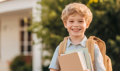 Portrait of cheerful schoolboy carrying backpack and books, ready for his first day of school, smiling and looking forward to learning