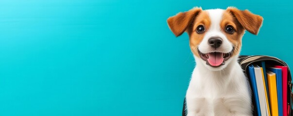 Portrait of adorable puppy carrying school backpack full of books, isolated on blue background
