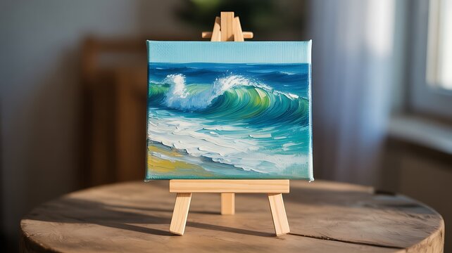 Impressionistic oil painting of a crashing ocean wave on a small easel