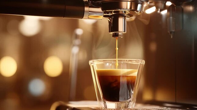 Hyper-realistic side-angle shot of a golden espresso drop frozen mid-air beneath a premium machine spout. Rich crema, glass reflections, and warm bokeh create a refined, cinematic coffee-bar luxury sc