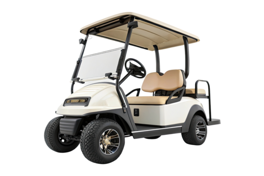 Modern cream colored golf cart with tan seats isolated on transparent background