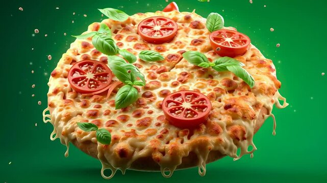 Delicious pizza topping assembly with tomato and basil on green background. Italian food