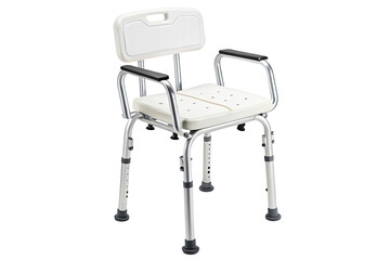 Adjustable white shower chair with padded seat and backrest isolated on transparent background