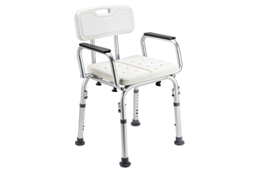 Adjustable white shower chair with padded seat and backrest isolated on transparent background