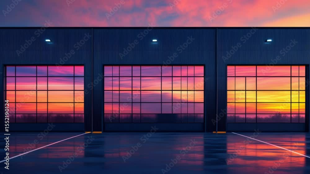 Poster A modern building with numerous windows facing west, capturing the warm tones of a setting sun
