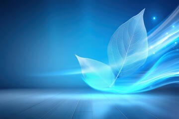 Translucent leaves with blue wave design background.