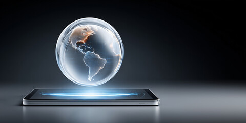 A futuristic digital globe hovering above a tablet screen, representing global technology and connectivity