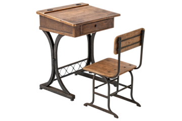 Vintage wooden school desk and chair with metal frame isolated on transparent background