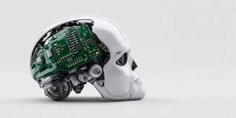 An artistic illustration of a cyborg skull reveals the complex inner workings of advanced technology