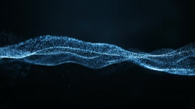 Dynamic Blue Particle Wave on Dark - An intricate, undulating wave of bright blue particles, depicting energetic flow and connectivity. Great for tech demos, scientific visualizations, or abstract bac