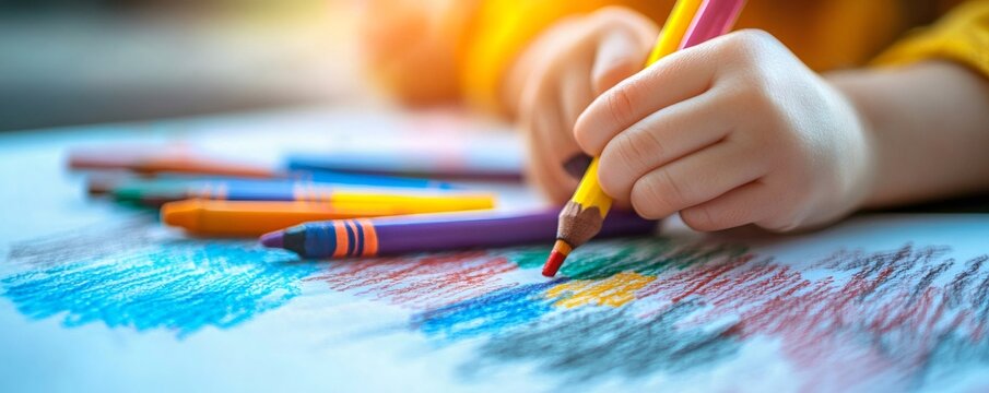 Close-up of child's hands drawing with colorful crayons on white paper, representing creativity, learning, and childhood development