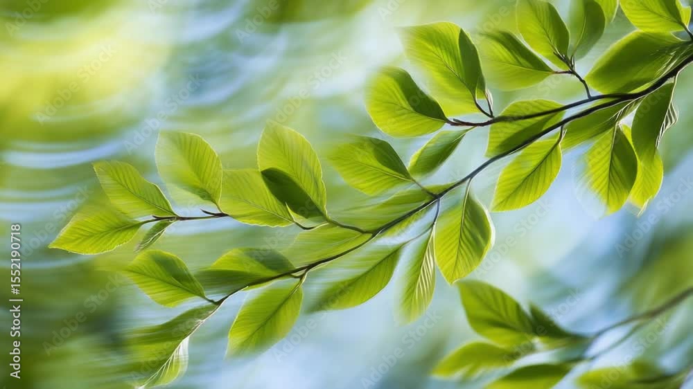Poster a close-up shot of a tree branch with lush green leaves, ideal for nature-themed projects or as a ba