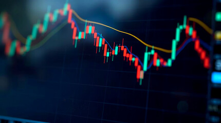 Closeup financial chart with uptrend line candlestick graph in stock market on blue color monitor background, digital stock market or cryptocurrency trading chart displayed on a screen.