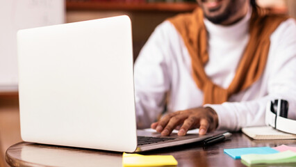 Indian Guy At Laptop Learning Online Having Remote Webinar Making Online Lecture Class With Distant...