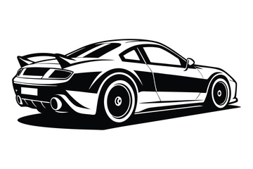 Vector Graphic Striking Black and White Illustration of Sports Car with Spoiler Detail