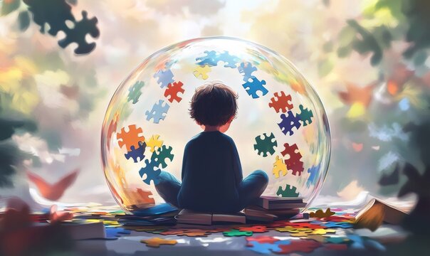 Child with autism spectrum disorder sitting inside a protective bubble with puzzle pieces, depicting the challenges and isolation faced by autistic individuals