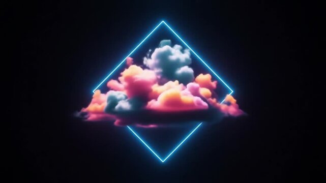 Floating Clouds in Neon Diamond Frame - Surreal clouds bathed in vibrant light within a glowing neon diamond, offering a dreamy and artistic visual. Ideal for creative projects, fantasy themes, or uni