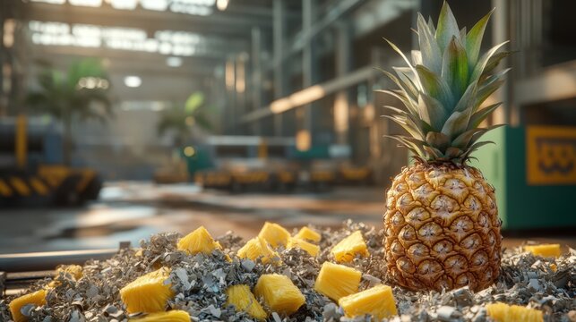A whole pineapple rests amongst chopped fruit pieces and metal debris