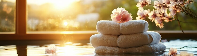 Sunset Serenity Stacked Towels and Blossoms in Water
